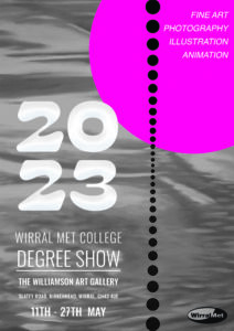 poster advertising the wirral met degree show 2023, grey and pink background with the rest as text as per the rest of page