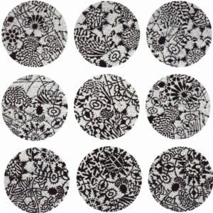 nine circles of lace arranged in a 3x3 grid, looking like images of a petri dish through a microscope