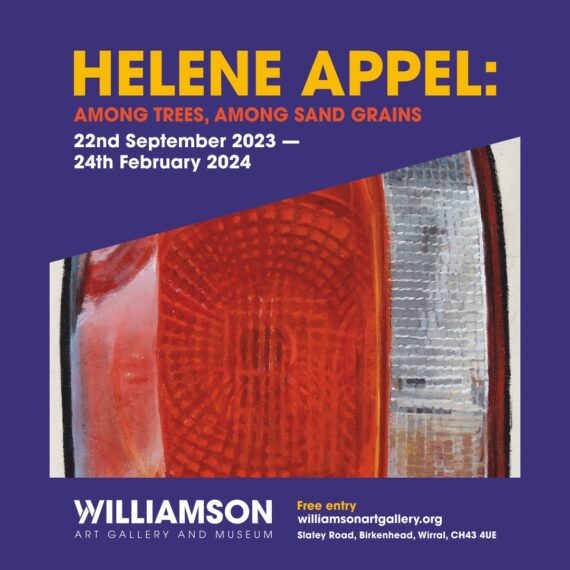 Text reading Helene Appel: Among Trees, Among Sand Grains, 22nd September 2023 - 24th February 2024, free entry