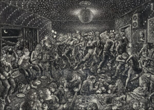 a black and white work depicting a student party. There;'s people crowded in everywhere and a disco ball on the ceiling.