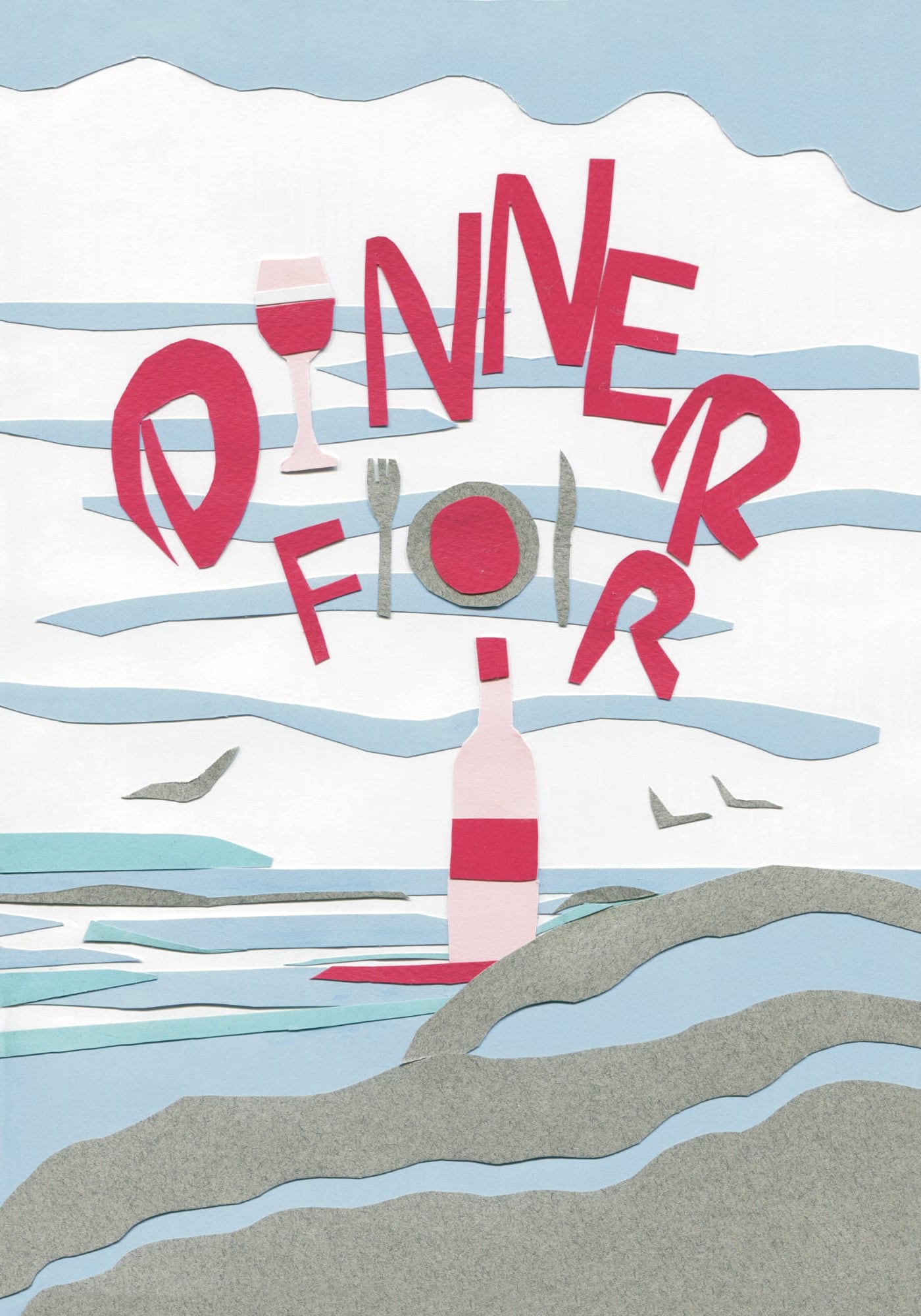 Made in Wirral illustration by Bev Clark. Words Dinner For in red, with a wine bottle making the one. All sey against a background of sea, shore and sky