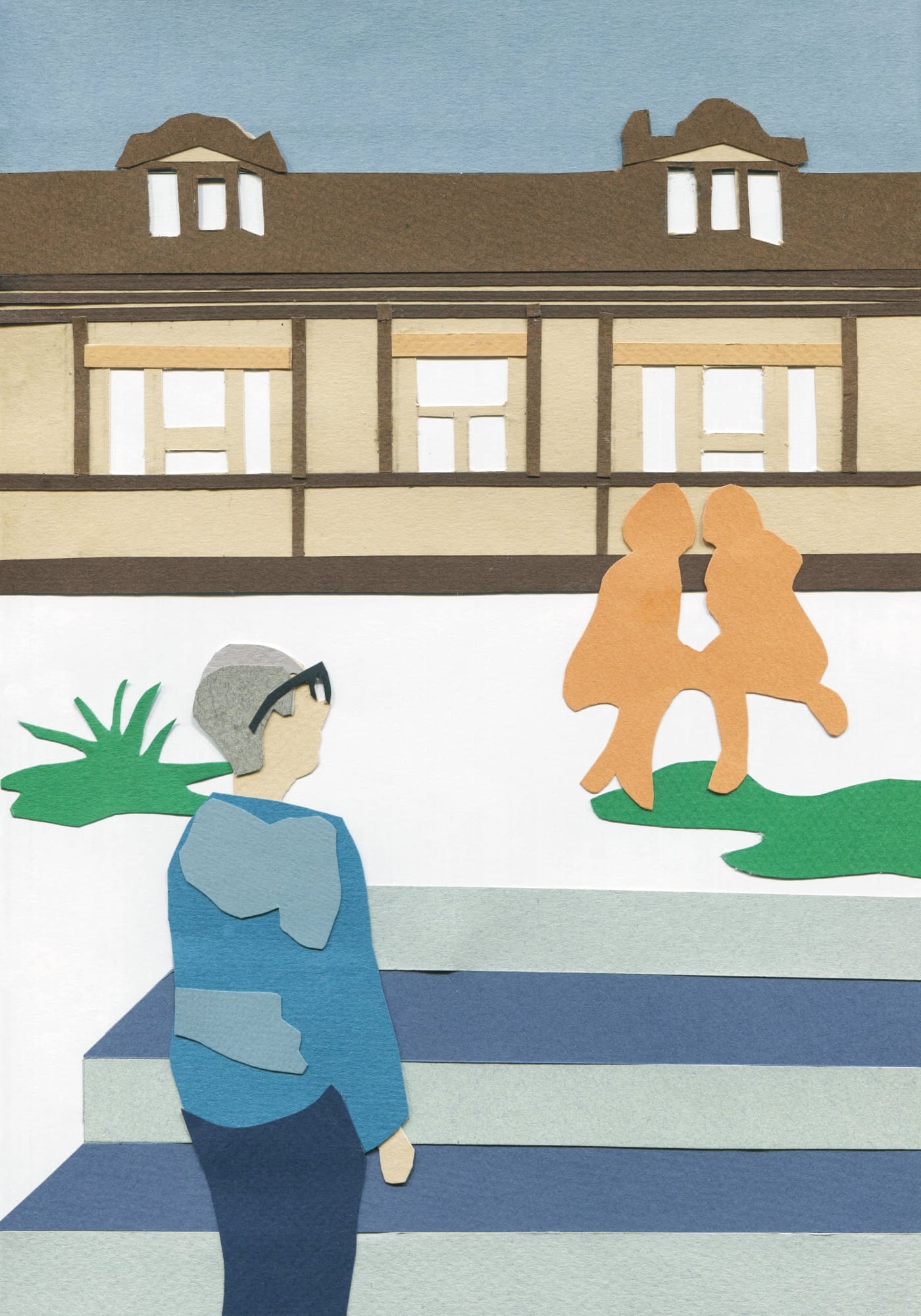 Made in Wirral illustration by Kate Deegan-Munro. Collage of a woman looking up some steps at two silhoutettes sitting side-by-side in front of a house