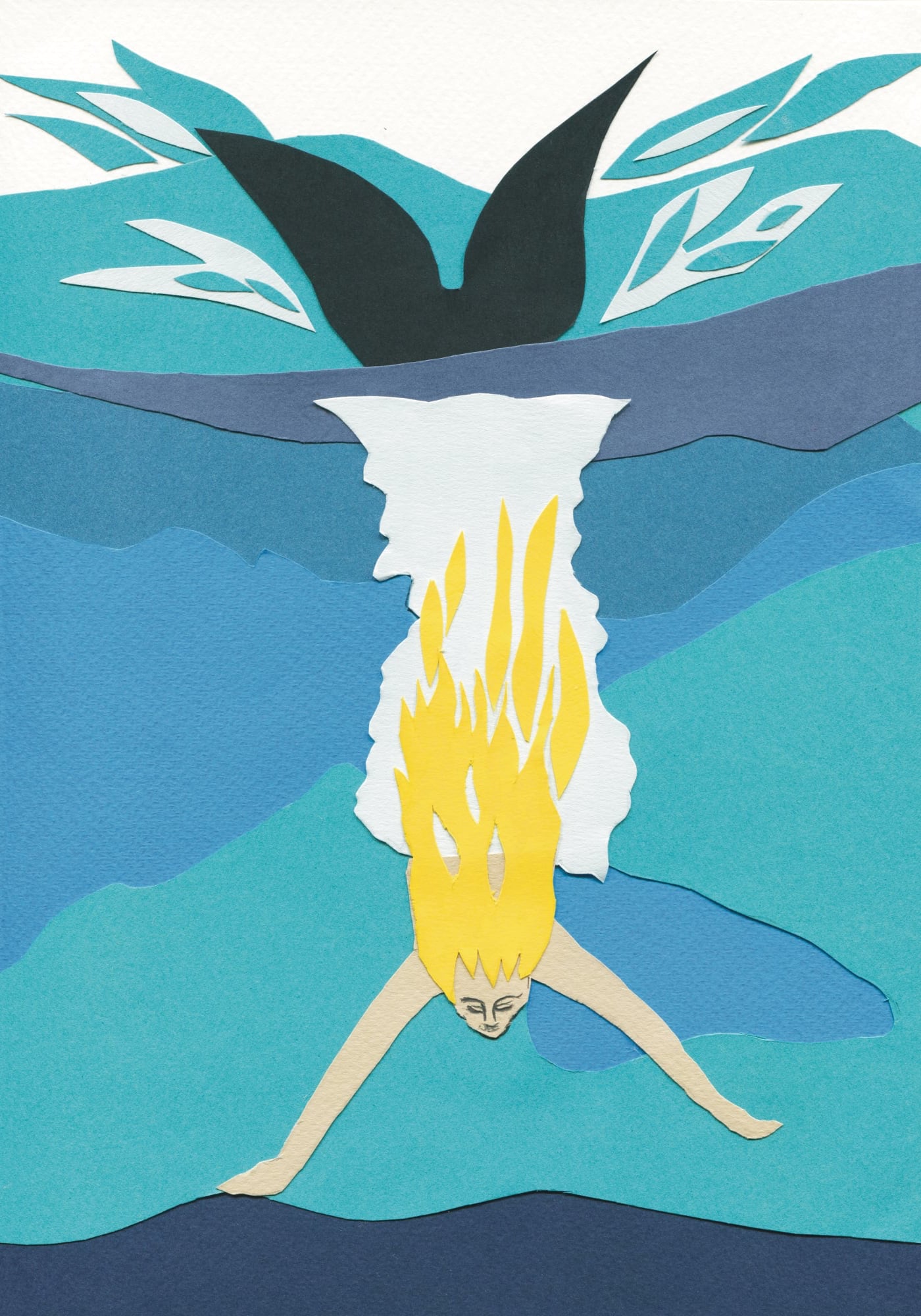 Made in Wirral illustration by Cathy Taylor Simpson. Collage of a mermaid ith blonde hair diving from th surface of the ocean down, with her tail sticking into the air