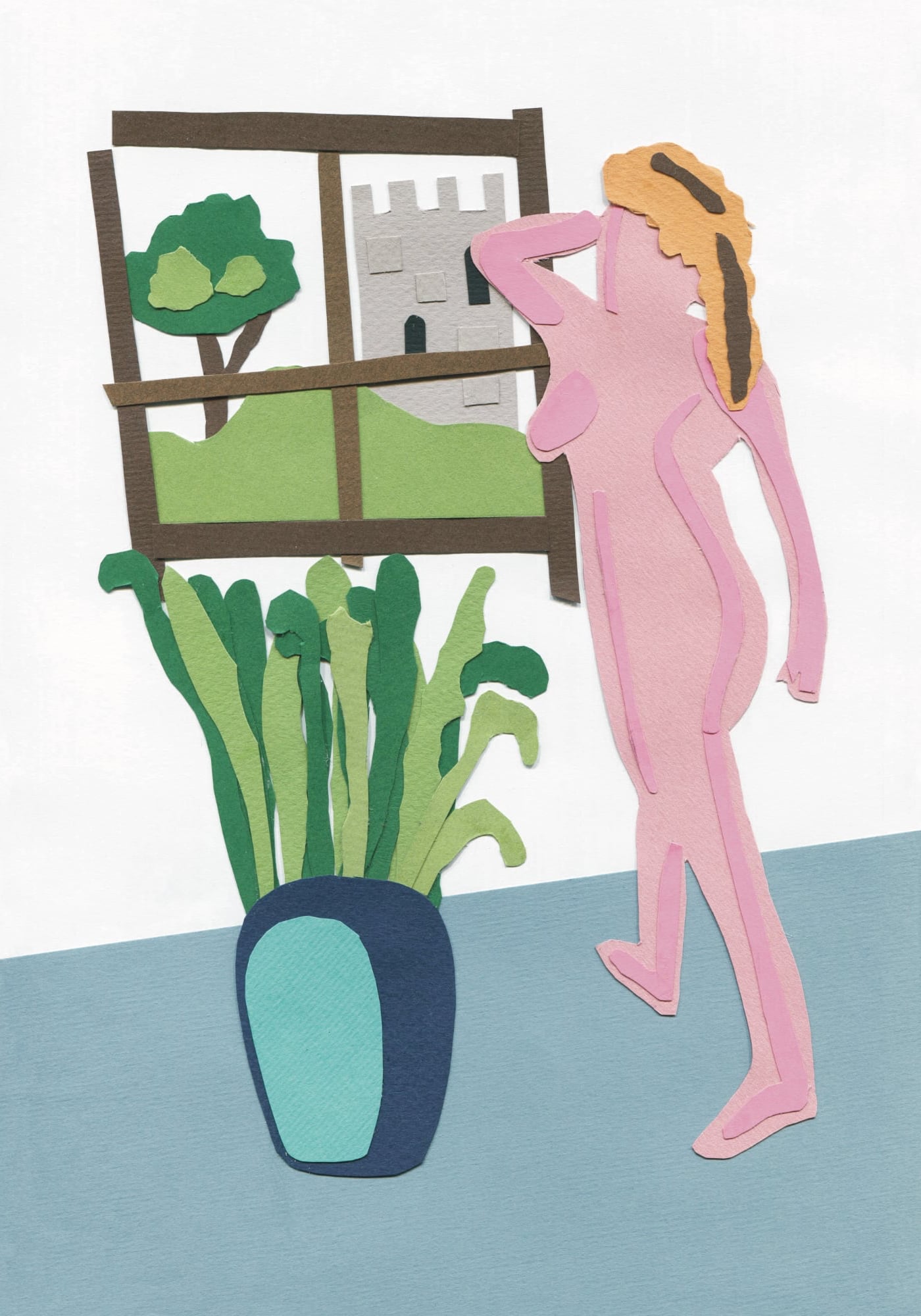 Made in Wirral illustration be Edward Deighton. Collage of a nude blonde woman facing away frm us and out a window, standing by a plant. Through the window we see a tree and a castle turret