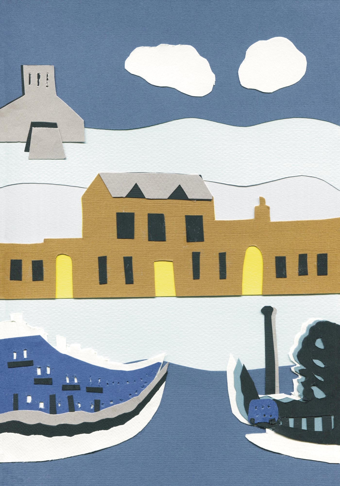 Illustration for Made in Wirral by Elizabeth MacLeod. Collage of a yellowy building with lights on in doorways. Setting appears to be a dark sky with clouds and snow on the ground. Liverpool Metropolitan cathedral is in the background and in the foreground a road leads to the yellowy building.