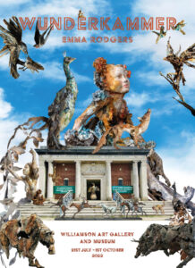 composite image featuring the Williamson Art Gallery building surrounded by sculptures or birds, animals and people against the backdrop of a bright blue sky with some clouds. Underneath is the address of Williamson Art Gallery