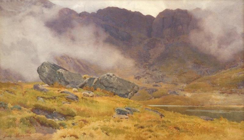 A watercolour of Devils Kitchen. Mountains in the background loom over a lake, of which we only see a little bit, with rocks in the foreground. It's a misty/cloudy day and there's yellow-green heath on the ground.