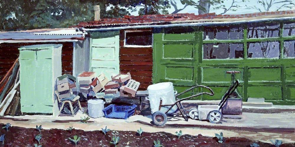 A painting by Mavis Blackburn of a large shed building. Most of the walls are painted in shades of green. Outside is a selection of various objects and a lawnmower.