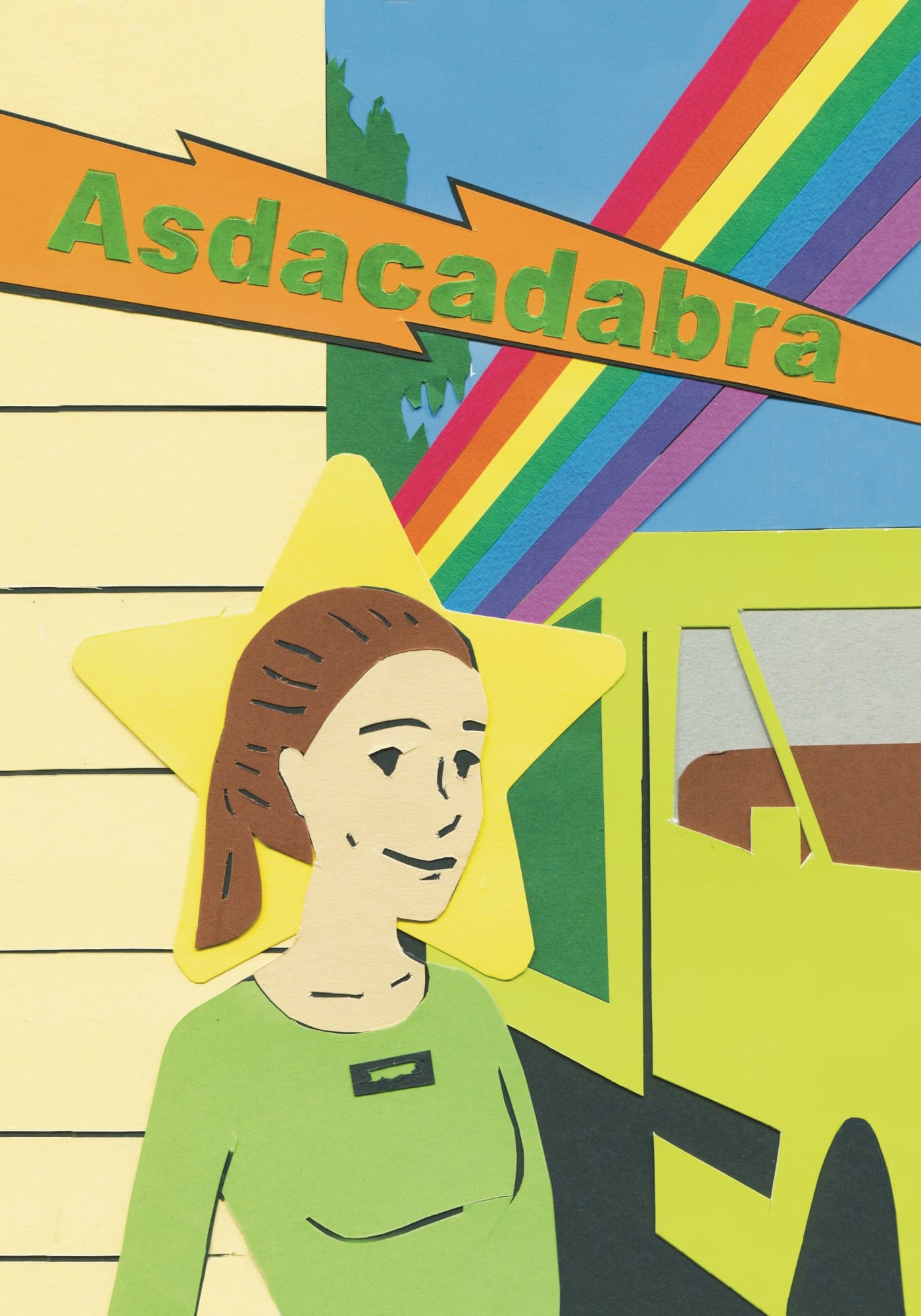 Made in Wirral illustration by George Phillips. Collage of a smiling woman in a green top, with a star behid her head which a rainbow is shooting into or out from. Above her head is an orange lightning bolt featuring the word ASDACADABRA