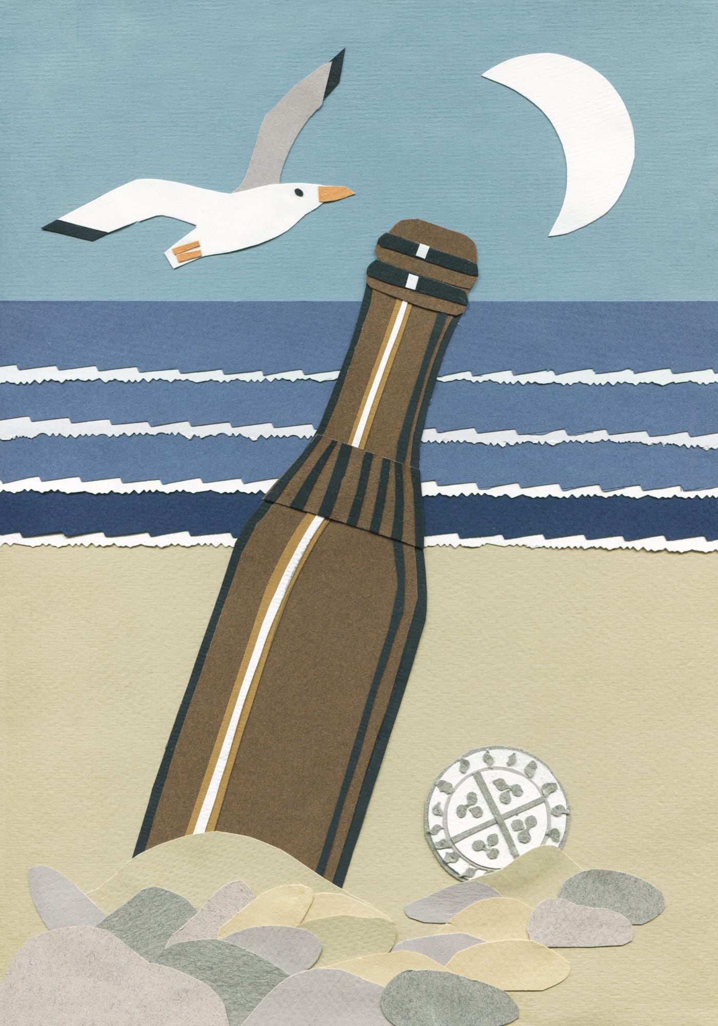 Made in Wirral illustration by Gillian Williams. Collage of a brown bottle and silver coin on a beach, coming out of the sand. In the background we see the sea, a crescent moon and a seagull