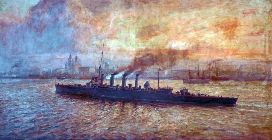 painting of steam ship sailing by an industrial landscape and sunset