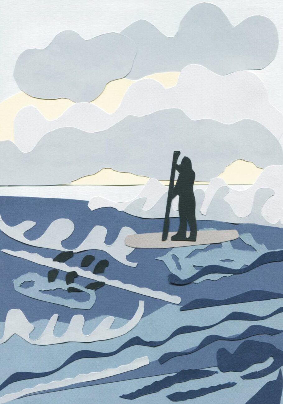 illustration by Joanne France for Made In Wirral. A collage of a sea with a grey sky, and a black silhoutette figure of a person on a paddleboard out in the sea