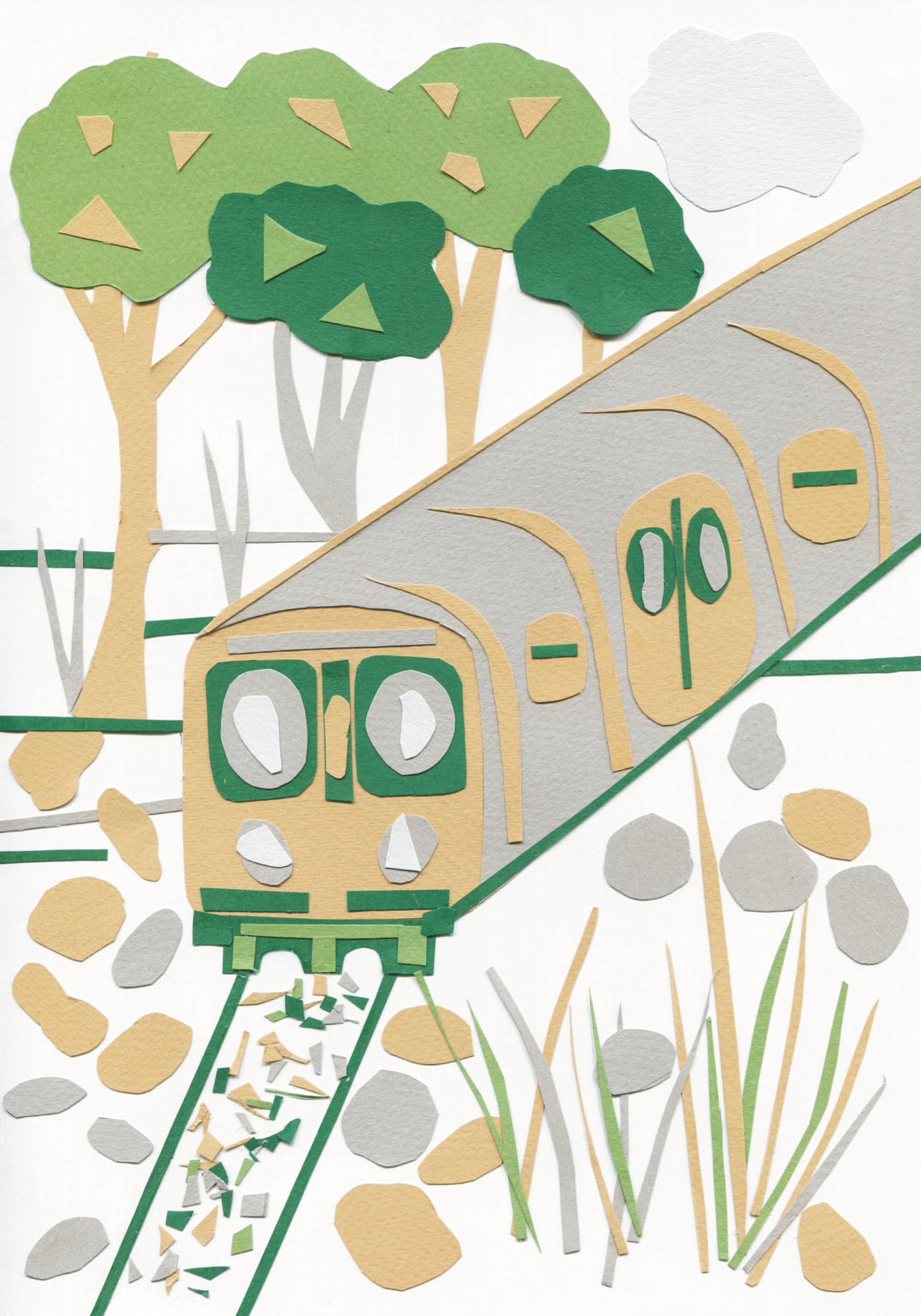 illustration by Judith Callaghan for Mad in Wirral. A white background with a train in grey, brown and green passing between trees, rocks and grasses