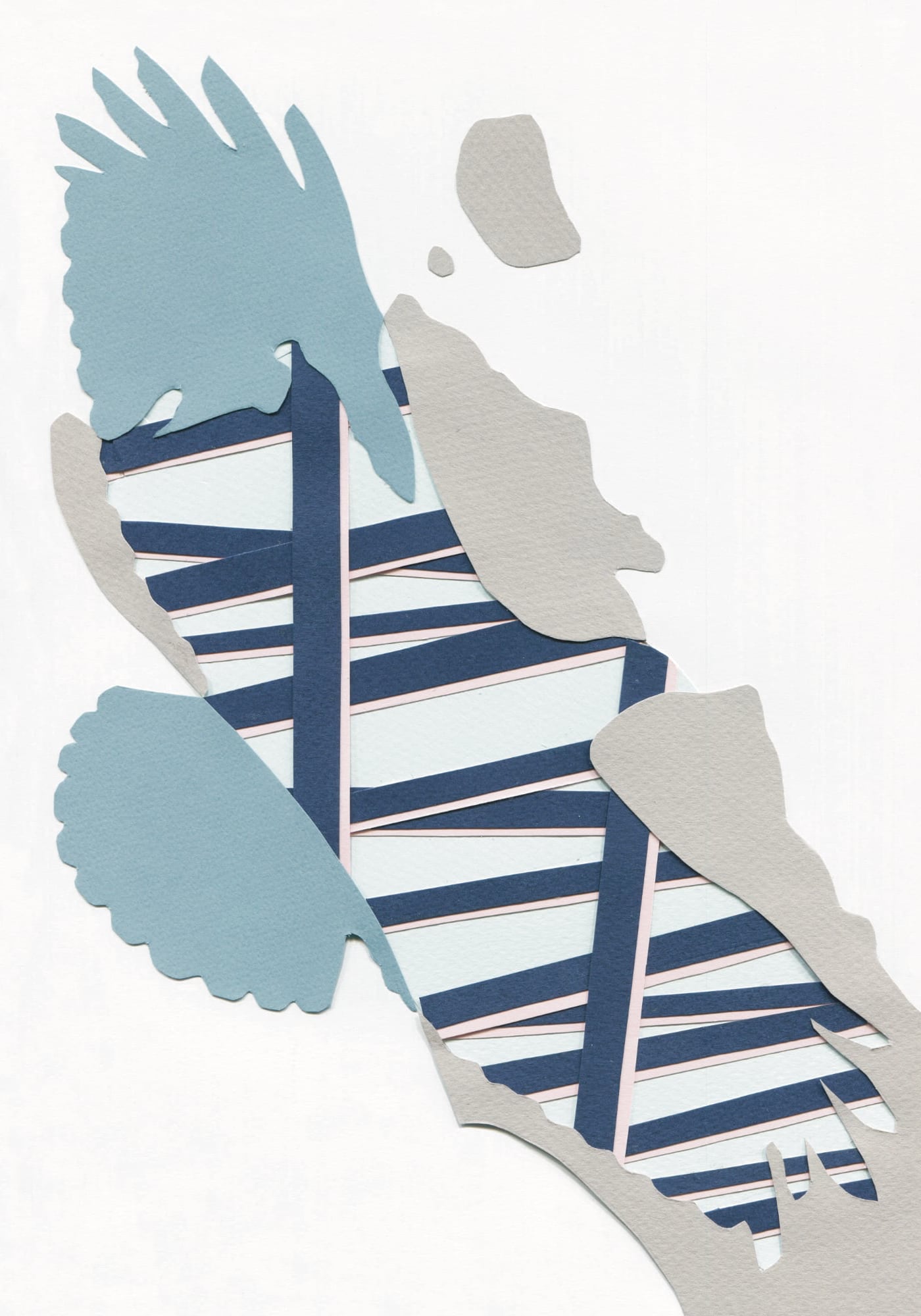 Made in Wirral illustration my Michelle Best. And abstract shape, roughly in the shape of a bird with outstretched wings, with what looks like a fence or rickety stairs