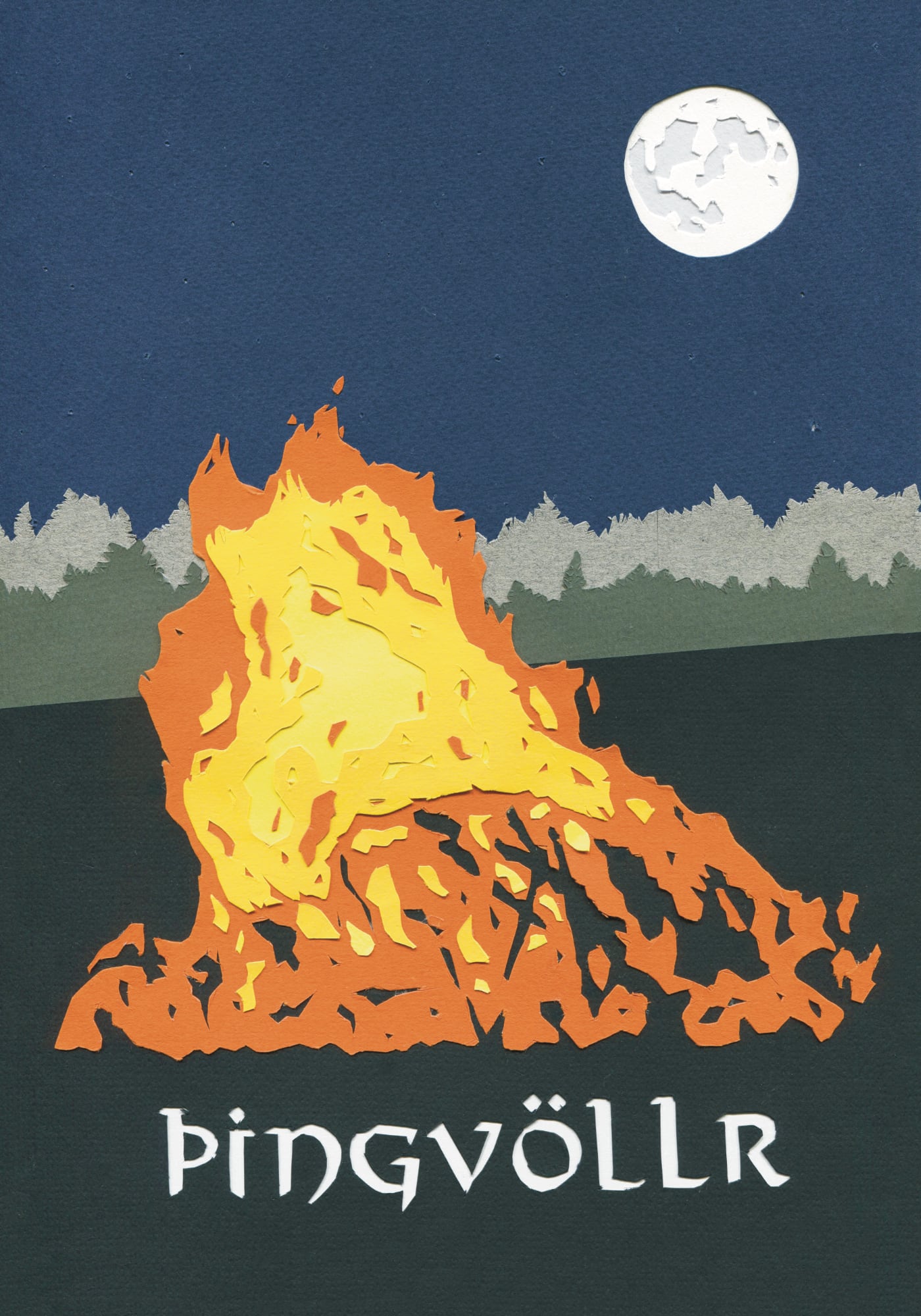 Made in Wirral illustration by Paul Sandford. Collage of a large bonfire burning on a black ground at night, with a full moon in the sky