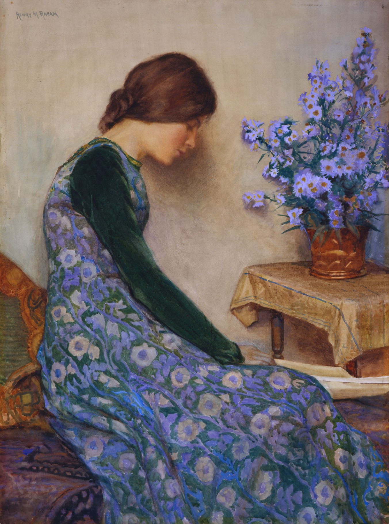 Watercolour painting of a profile view of a seated woman. She has auburn hair tied at her neck, long dark-green sleeves, but the body of her dress is a floral, purpleish-blue pattern. She appears to be sleeping with her head against the wall and is facing a vase of flowers, which are the same colours as her dress.