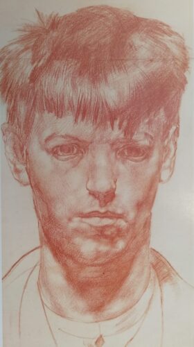 Self-portrait of a young man, face full-on, drawn in reddish-orange