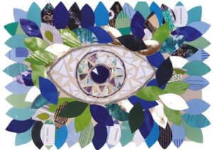 A collage with an eye in the centre of a background formed of leaves cut from paper in shades of green an blue. The iris of the eye is not one distinct colour but instead has shades of brown and blue. 