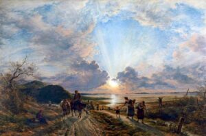 painted scene of a large sunset, the sun is low in the sky casting rays into a bright blue patch with clouds at the edges. In the foreground is a path along which a family (including young children) walk, we presume home from a day in fields.