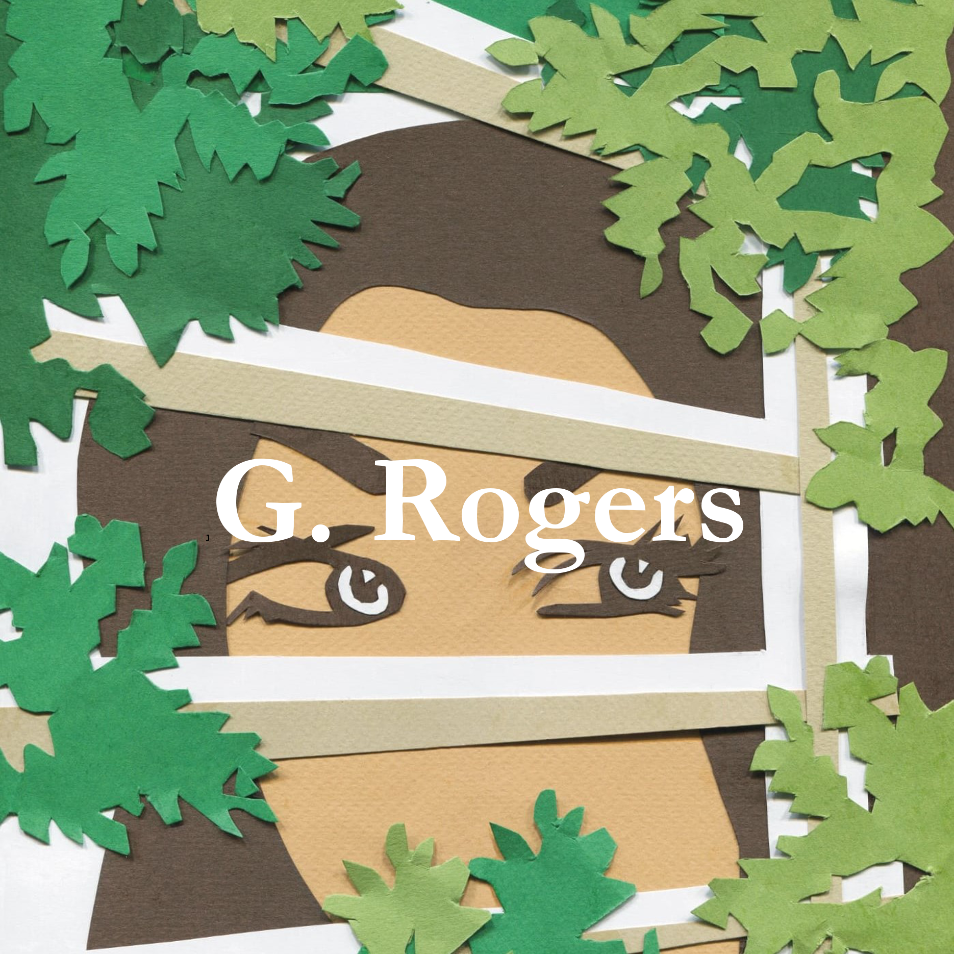 detail of an illustration with a woman's eyes looking out of a window with blinds with the author's name, G Rogers, imposed over