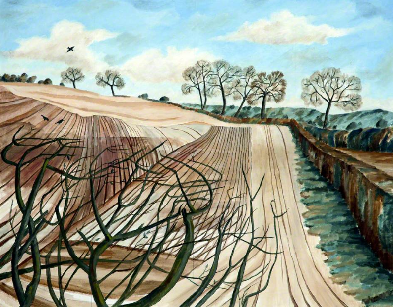 painting of a ploughed field with bare tree