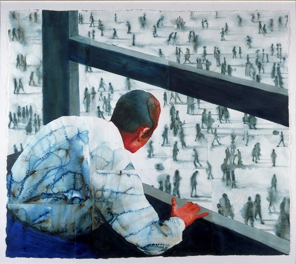 a watercolour of a man in a white shirt leaning out of a window looking over a square filled with people, shown in shades of grey, walking in various directions.