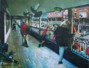 Collage by Harold Hewitt depicting the upper level of Chester Rows. Painted scene with collage elements of people and pigeons placed over the top