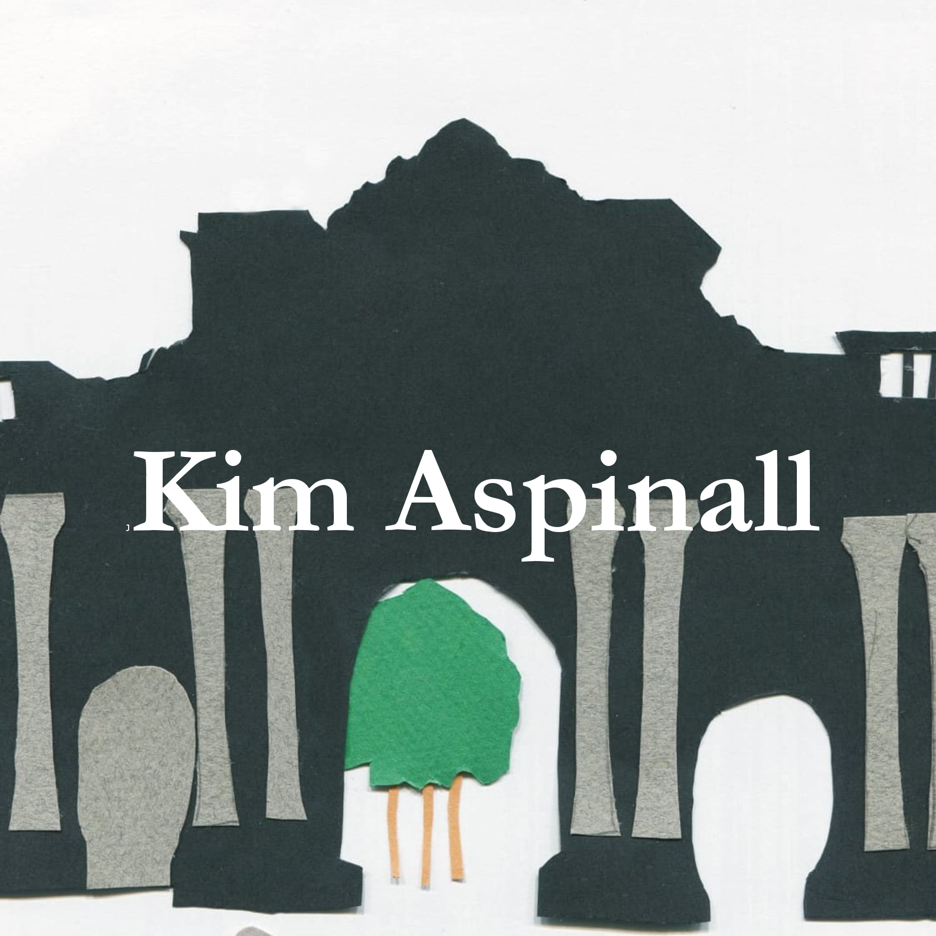 detail of an illustration of birkenhead park gates in black with grey columns an a tree visible in the background, with the author's name Kim Aspinall written over the top