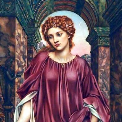 Medea: red hair and red dress in marble hallway. Featured image on Visitor Favourites