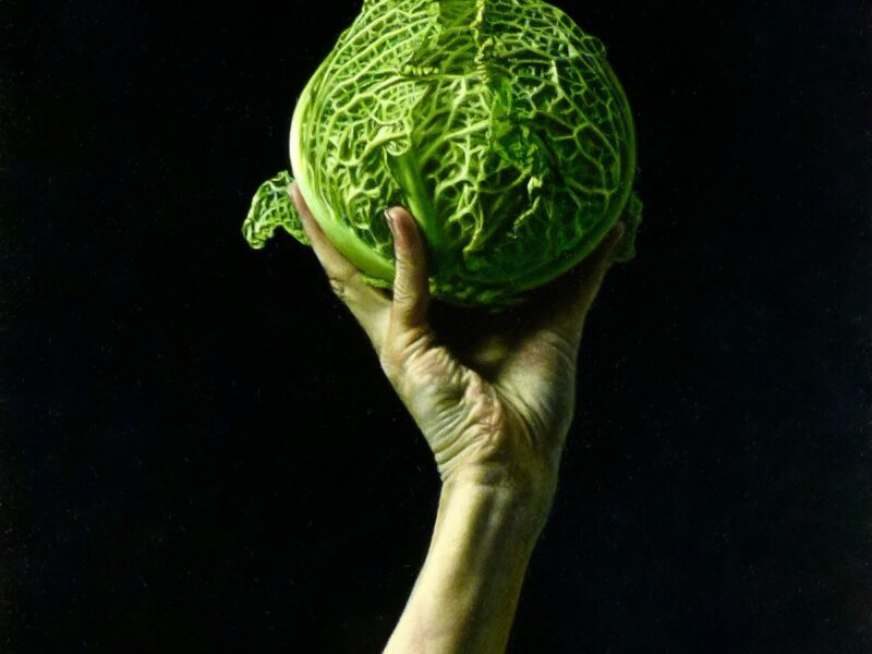 "It's A Savoy!" by Jo Morris, image for the New Light Prize exhibition. A black background with a photograph of a hand holding a lettuce straight up. The hand and arm are slightly green-tinted.