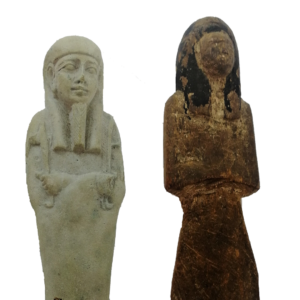 square image of two shabti dolls giving a closer image of their faces. One in white clay and one in wood