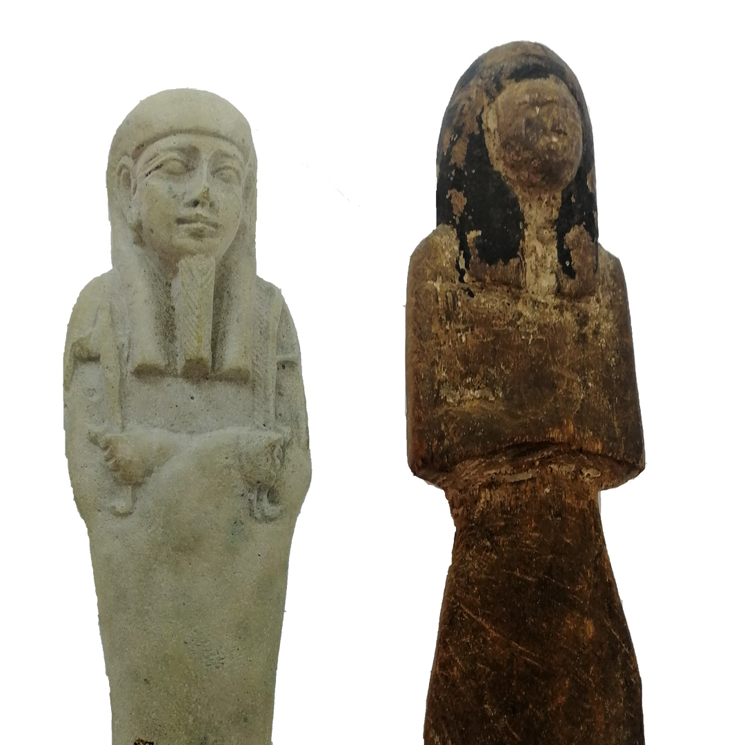 square image of two shabti dolls giving a closer image of their faces. One in white clay and one in wood