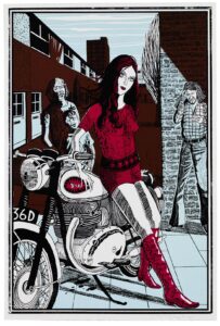 One of Grayson Perry's 'Six Snapshots of Julie'. Colour print of a young woman (Julie Cope) dressed in red and with drak red air leaning against a motorcycle. Low flat-roofed buildings behind her and figures of three young men.