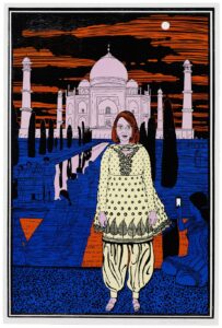 One of Grayon Perry's 'Six Snapshots of Julie'. Colour print of a middle-aged woman (Julie Cope) standing outside the Taj Mahal. Colours are very stylised (eg landscape is blue). Julie wears cream-coloured Indian style dress