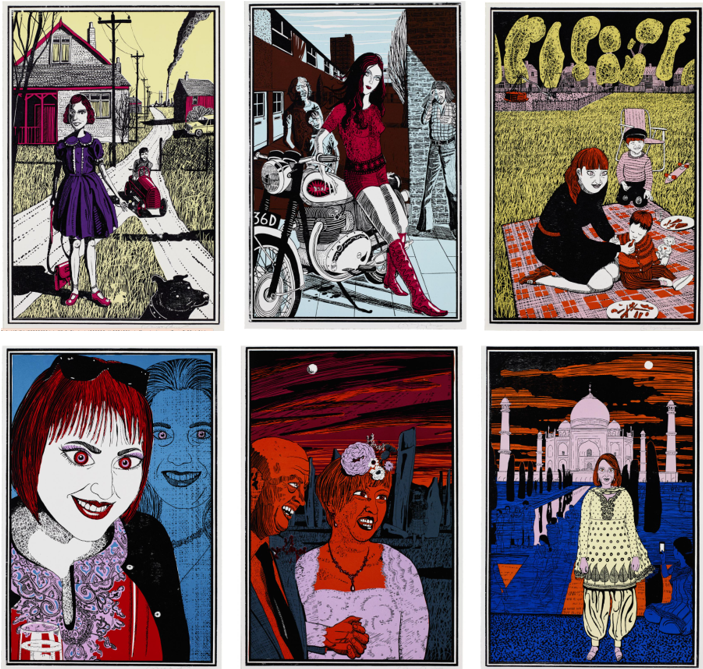 composite of the six images in Grayson Perry's print series 'Six Snashots of Julie'. All feature the image of a woman, Julie Cope, at different stages and places in her life. Featured image for 'a day in the life' exhibition