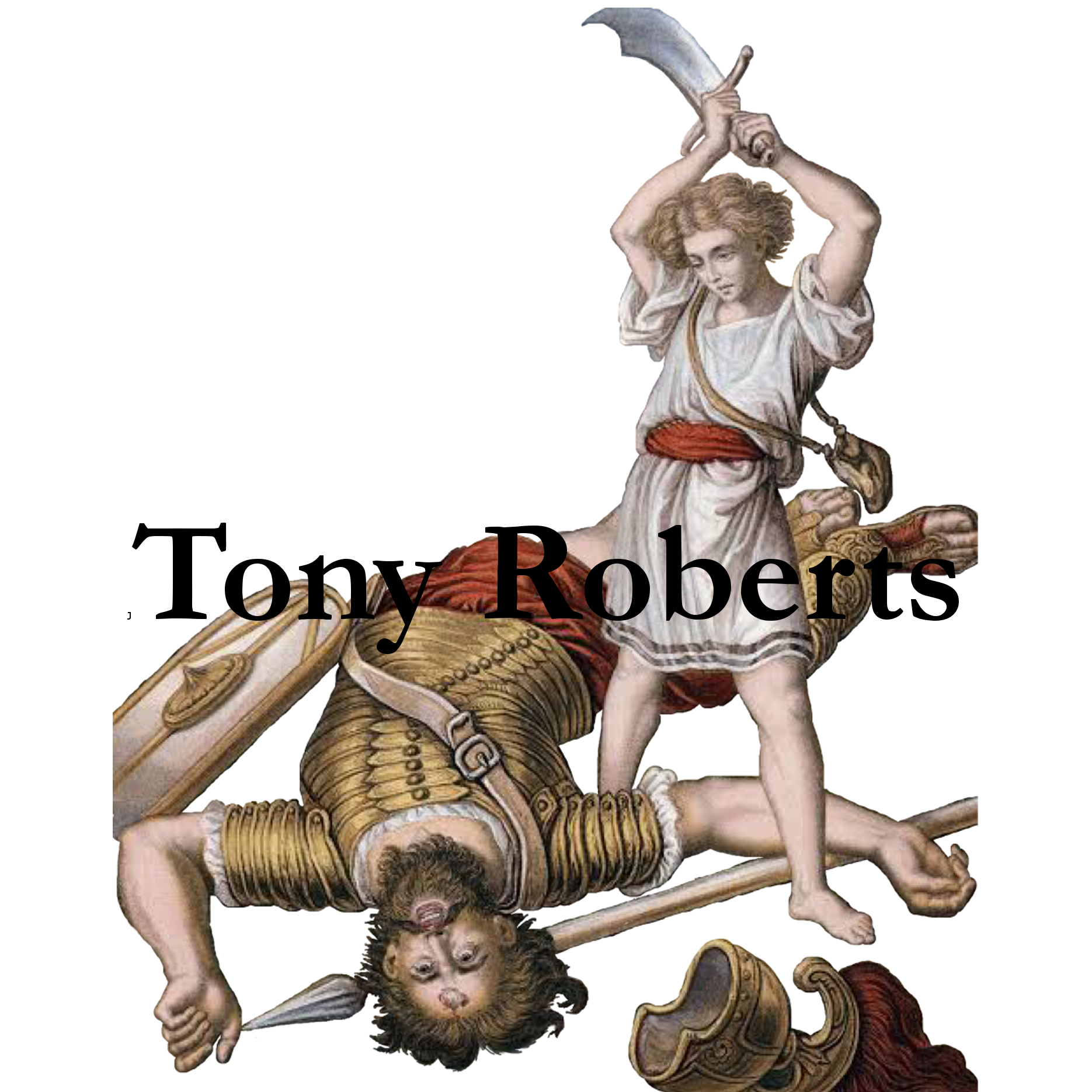 stock image illustration of david and goliath. David is wielding a sword over the body of goliath