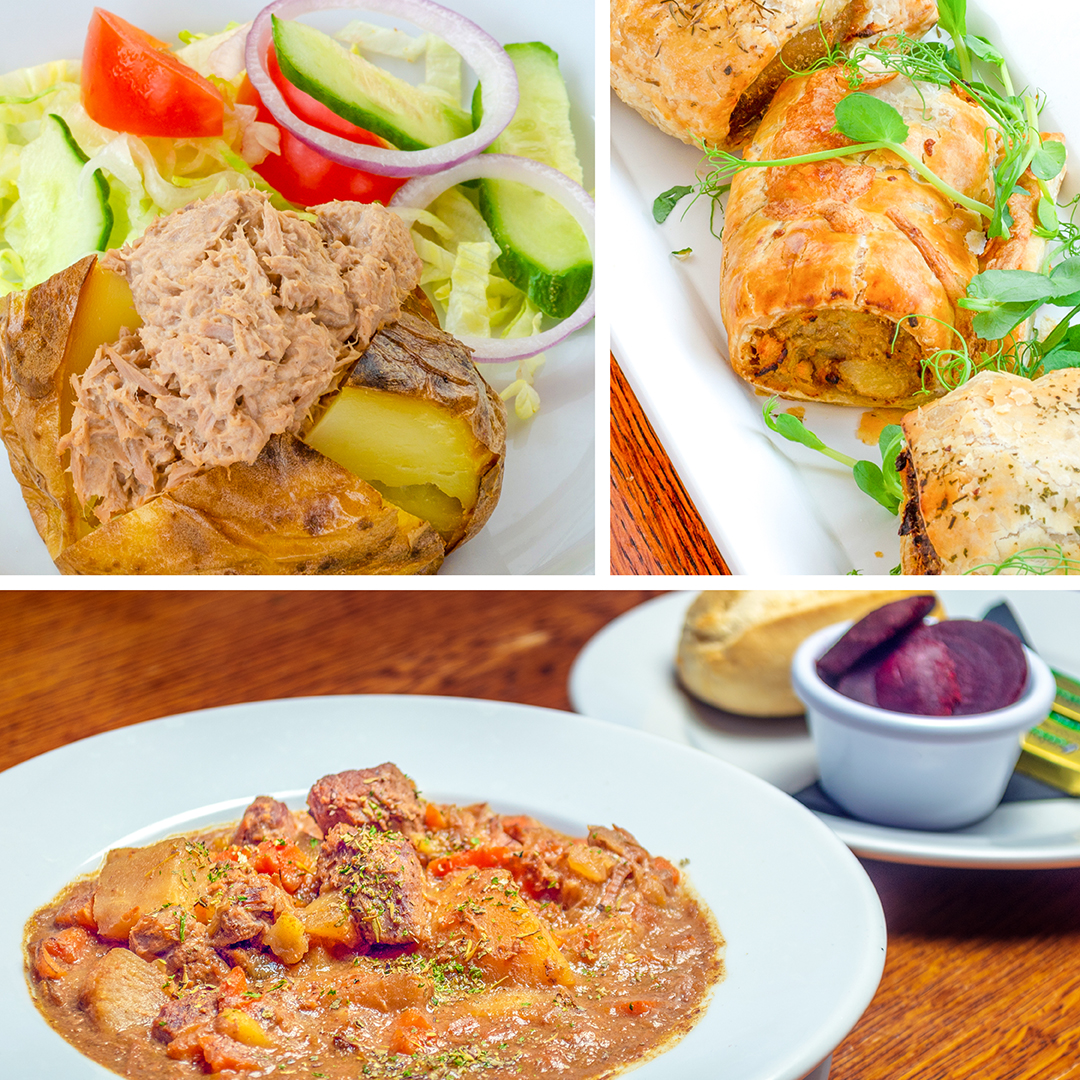 Composite image of three food photographs. Top left is a tune-filled jacket potato, top right are savoury pastries, and across the bottom is a bowl of thick stew